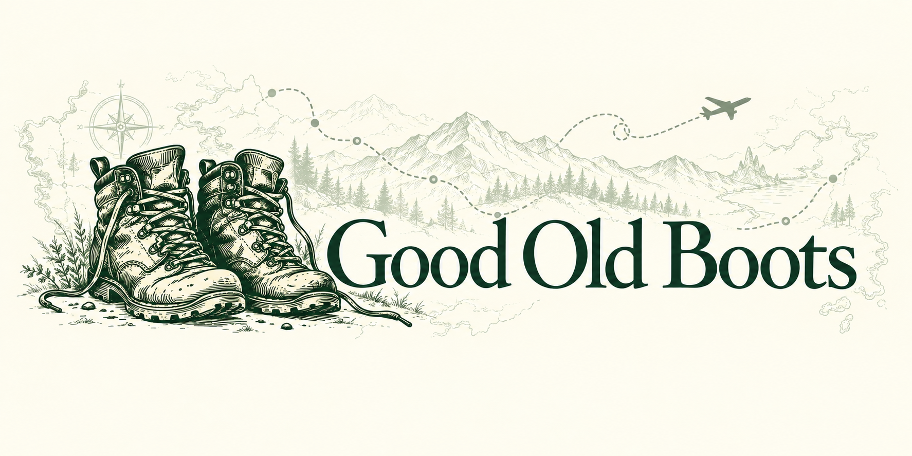 Good Old Boots logo with worn boots, mountains, a map and a travel route